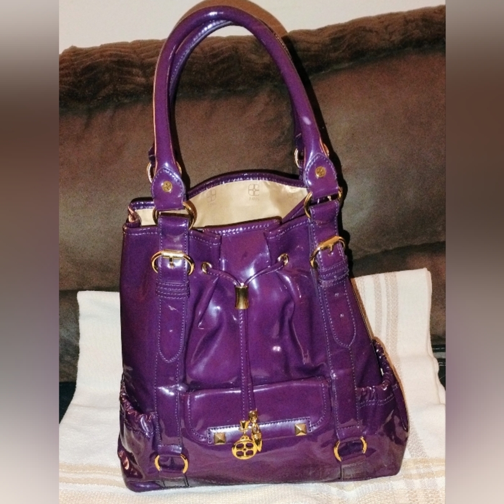 Iman Purple Patent Leather Tote Bag with Gold Hardware